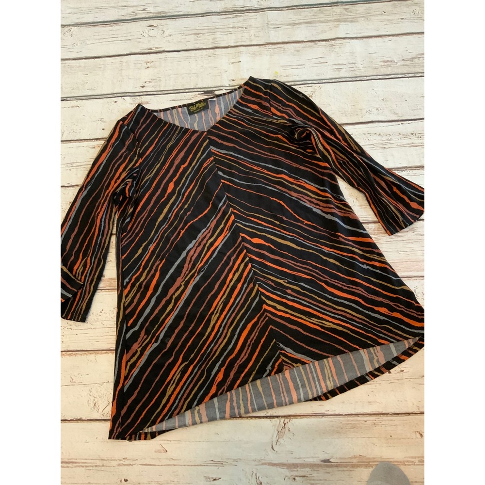 Bob Mackie Wearable Art V-Neck Tunic Top Small Black Diagonal Stripe Print